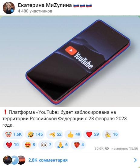 Мизулина объявила о блокировке Ютуб