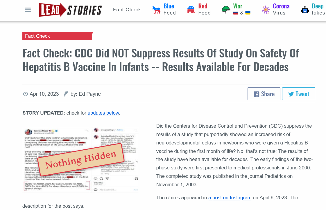 Screenshot 2023 04 19 At 13 02 02 Fact Check Cdc Did Not Suppress Results Of Study On Safety Of Hepatitis B Vaccine In Infants Results Available For Decades Lead Stories
