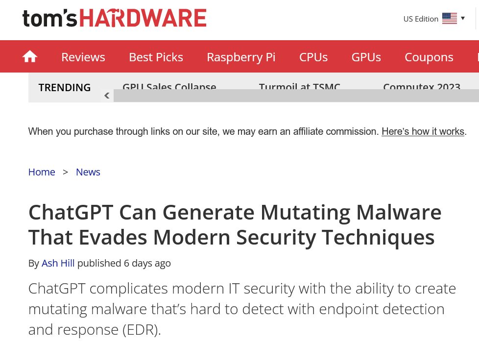 Screenshot 2023 06 13 At 12 01 25 Chatgpt Can Generate Mutating Malware That Evades Modern Security Techniques