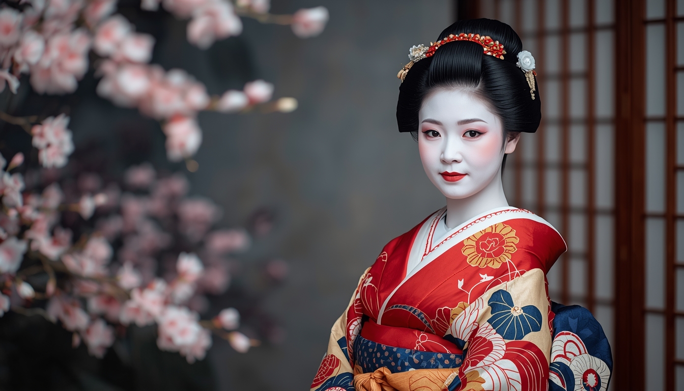 Lucid Origin A Traditional Japanese Geisha Wearing A Intricately Designed Kimono With Vibrant 0