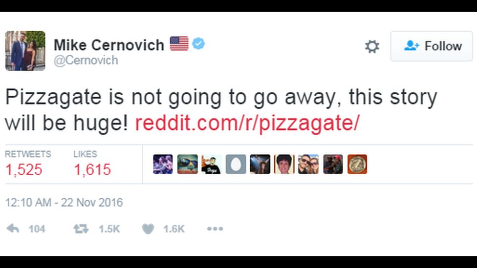 Перед американскими выборами 2016 года демократов обвинили в сексуальных связях с детьми. Заговор получил название PizzaGate. На твите — «Мы не оставим PizzaGate так просто. Это будет сенсация»