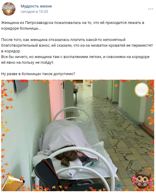 Пациентка петрозаводской больницы была вынуждена жить в коридоре из-за отказа в «благотворительном взносе»