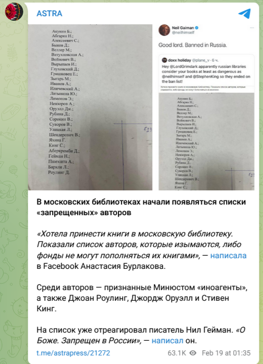 Московским библиотекам разослали список «запрещенных» авторов