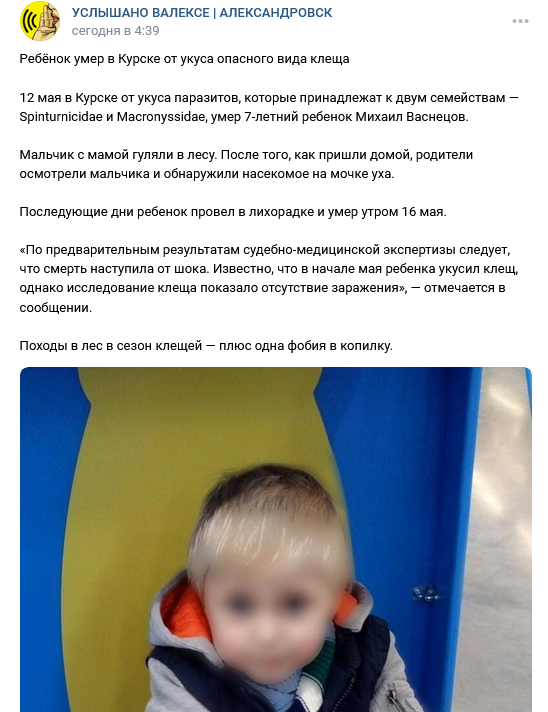 В Курской области от укуса клеща погиб ребенок