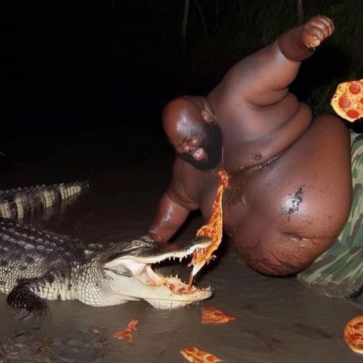 Человек подрался с крокодилом за пиццу