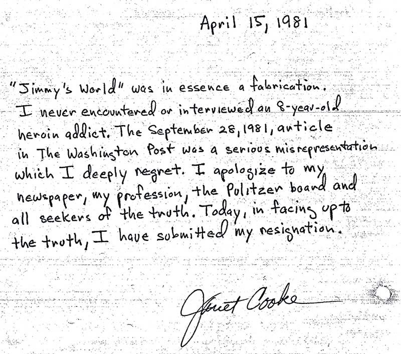 признание Джанет Кук в фальсификации 15 апреля 1981