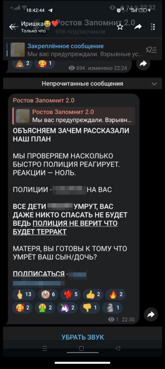 телеграмм сообщения о подготовке нападений в школах Ростовской и Курской областей